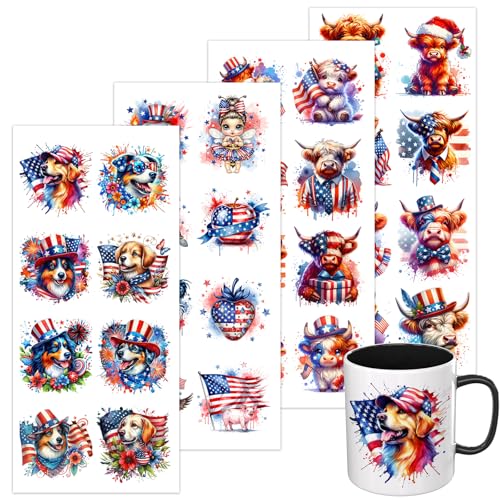 4 PCS Fourth of July Animals UV DTF Cup Wrap, Rub on Transfer Stickers for 16oz Glass Mugs, High Viscosity Permanent UV DTF Sticker, Coffee Cups, Water Bottles and Personalized Crafts - style: American Watercolor