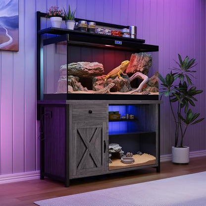 Reptile Tank Stand with Power Outlet, Terrarium Stand with Storage Cabinet, 49" X 20" Tabletop, Aquarium Stand with LED Lights, Reptile Terrarium,Turtle Tank (Gray) - color: Gray