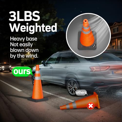 BATTIFE 28 inch Collapsible Orange Traffic Safety Cones Weighted Base 2 Pcs - color: Orange
