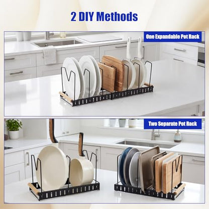 Pot and Pan Organizer Rack for Countertop and Cabinet, Expandable Pot Lid Organizer Holder with 7 Adjustable Compartment for Kitchen Cookware Cake Molds Cutting Boards Storage Rack (1 Pack,Black)