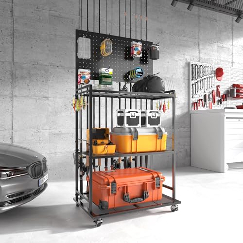 Large Size Fishing Rod Holders for Garage, 3-Tier Fishing Pole Rack with Pegboard and Hooks, Fishing Gear Tackle Box Organizer Up to 12 Rods, Rolling Fishing Storage Cart with Lockable Wheels
