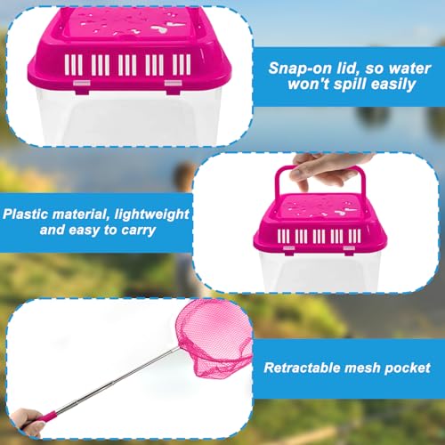 4Sets Catch Plastic Beach Aquarium Kit,Great Concept for Catching and Release,Clear and Transparent Portable Handheld Tank with Retractable net Bag for Beach, Pool and Lake