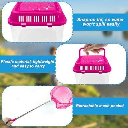4Sets Catch Plastic Beach Aquarium Kit,Great Concept for Catching and Release,Clear and Transparent Portable Handheld Tank with Retractable net Bag for Beach, Pool and Lake