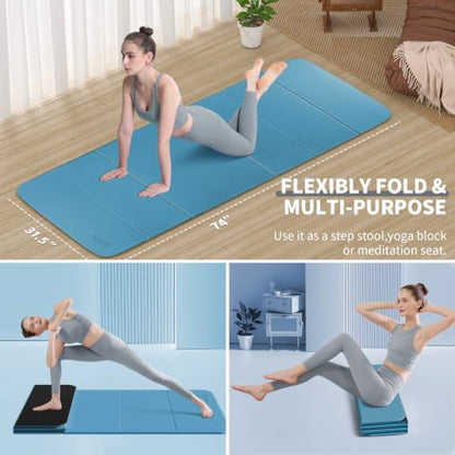 Foldable Yoga Mat Extra Large 74"×31.5" | Double-Sided Non-Slip,Extra Wide Foldable Design,8mm Extra Thick,Exercise Mat for Home, Studio and Travel Use - color: Blue+Black