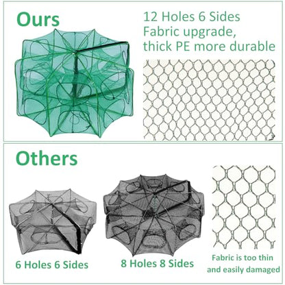 3 PCS Fishing Bait Trap, 12 Holes Portable Nylon Fishing Net Foldable Fish Cast Mesh Trap Net for Fishes, Shrimp, Minnow, Crayfish, Crab, Crawdad