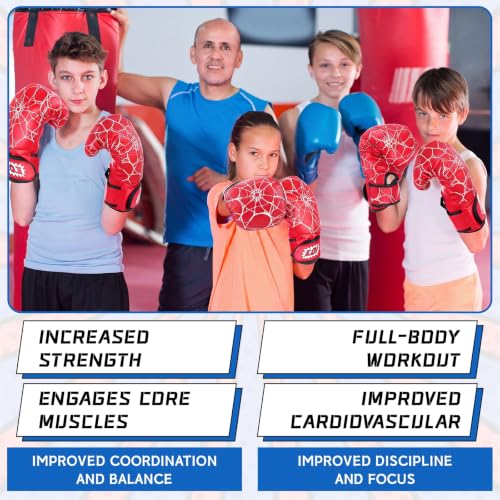 Boxing Gloves and Punching Mitts Set 4oz Gloves Boxing Pads Kids Youth Sparring Gear Training Equipment for Taekwondo Kick Karate Muay Thai MMA Martial Art - style: Red Spider