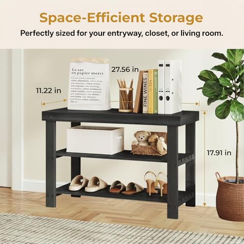Bamboo Shoe Bench, 3-Tier Shoe Organizer Holds Up to 286 lb, Entryway Bench with Shoe Storage Suitable for Closet & Living Room, 11.22 x 27.56 x 17.91, Sleek Black - color: Sleek Black