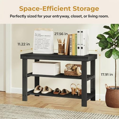 Bamboo Shoe Bench, 3-Tier Shoe Organizer Holds Up to 286 lb, Entryway Bench with Shoe Storage Suitable for Closet & Living Room, 11.22 x 27.56 x 17.91, Sleek Black - color: Sleek Black