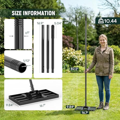 17" x 10" Lawn Leveling Rake for Yard & Garden, Lawn Leveler with Adjustable 6.5FT Handle, Carbon Steel Leveling Tool for Topdressing, Dirt, Sand & Grass Leveling - size: 17in