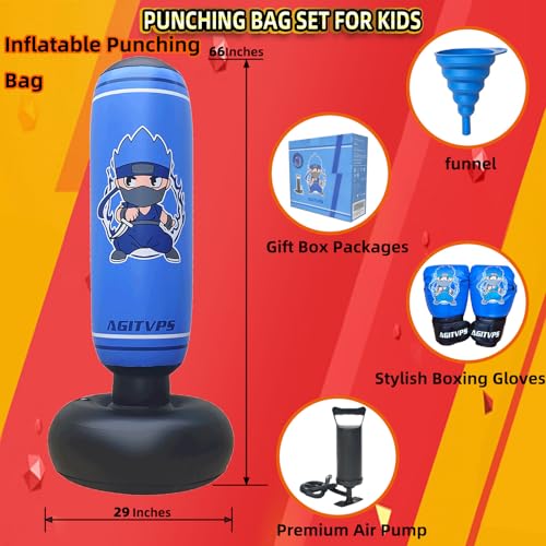 Inflatable Punching Bag Set, 66" Punching Bag for Boys & Girls Aged 8-12 with Kids Boxing Gloves, Super Air Pump | Suitable for Children's Daily Exercise, Happy Family Time - color: Vivid Blue