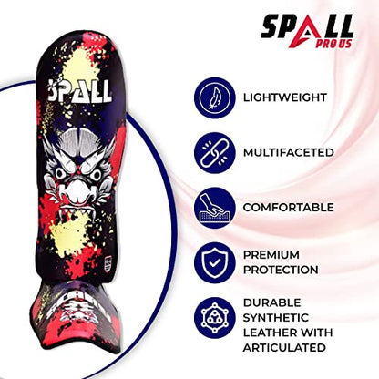 Spall Pro US Muay Thai Guards Shin Guards for Kickboxing Martial Arts BJJ Boxing Sparring with MMA Foot Protector (X-Large, Scary Blue)