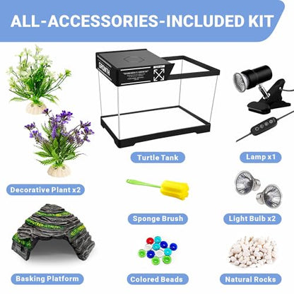 GOZILLA Mini Turtle Tank Kit with Adjustable Lamp, Upgrade PC Hermit Crab Tank, Small Turtle Starter Kit with Lid, Resin Hideout for Baby Turtles and Crabs (11.8×7.24×7.1''/Black Kit) - color: Black-HIll