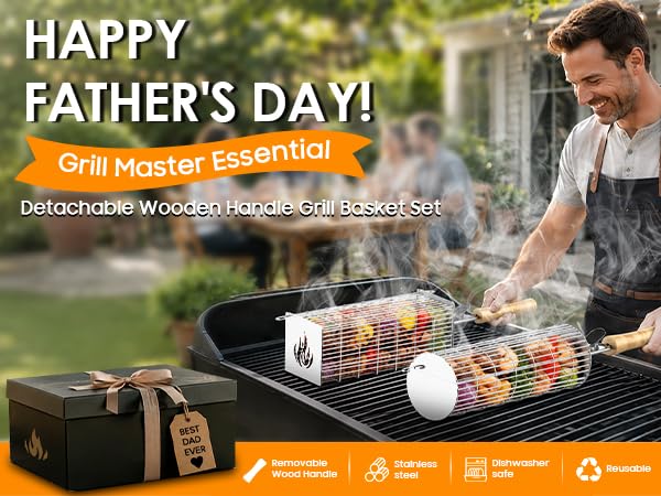 TNTOR Rolling Grill Basket, Larger 304 Stainless Steel Nesting Grilling Net, Removable Handle, BBQ Accessories Tools for Veg Shrimp, Outdoor Cooking Camping Father's Day grilling gifts for men Dad