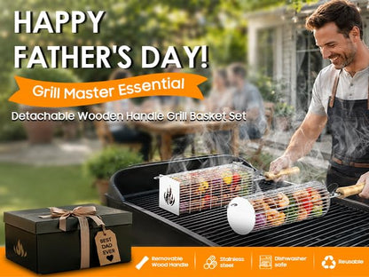 TNTOR Rolling Grill Basket, Larger 304 Stainless Steel Nesting Grilling Net, Removable Handle, BBQ Accessories Tools for Veg Shrimp, Outdoor Cooking Camping Father's Day grilling gifts for men Dad