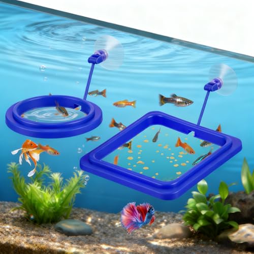 2Pcs Floating Fish Feeder, Fish Feeding Ring for Aquarium, Betta Fishes Tank Accessories Blue Turtle Feeding Ring with Suction Cup, Square & Round Floating Food Feeder for Betta, Goldfish, Turtle