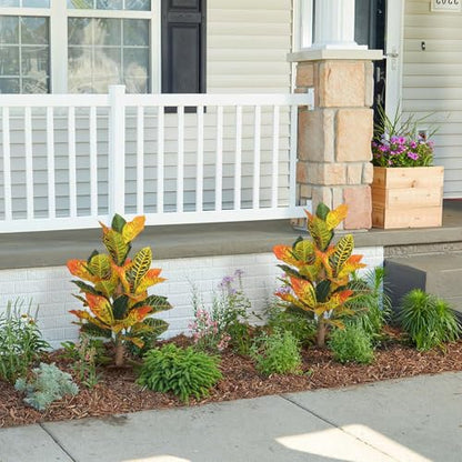 UV-Resistance 35inch Artificial Croton Plant, 2 Pack Fake Croton with Ground Spike, Faux Fiddle Leaf Fig Tree for Outdoor Home Decor