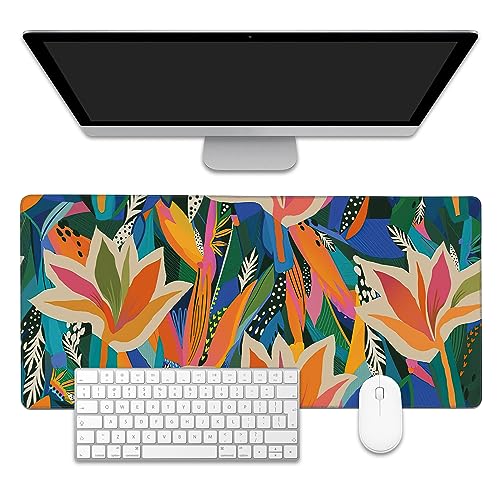 Colorful Tropical Floral Large Gaming Mouse Pad,Waterproof Desk Mat for Desktop,Non-Slip Rubber Base Mousepad with Stitched Edges for Laptop Office and Home 35.4X15.7 Inch