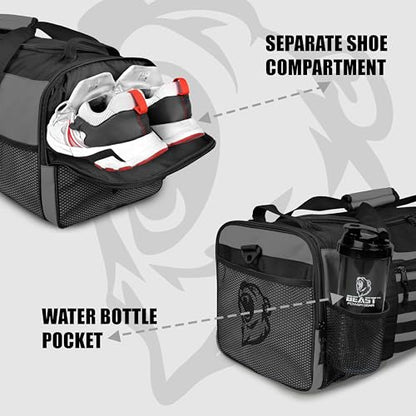 Gym Duffle Bag, Gray/Black | Workout, Boxing, MMA, Sports Bag, Shoes Compartment, Adjustable Shoulder Strap, For Men and Women - color: Gray/Black