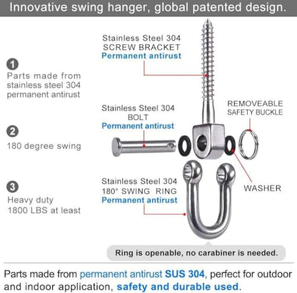 SELEWARE 4 Pack Swing Hangers Swing Set Hooks Stainless Steel Hammock Hooks | Heavy Duty Swing Mount for Porch Swing, Hammock Chair, Heavy Bag, Yoga Silk, Suspension Straps, Gymnastics Rings - color: Stainless 4 Pack Swing Hooks