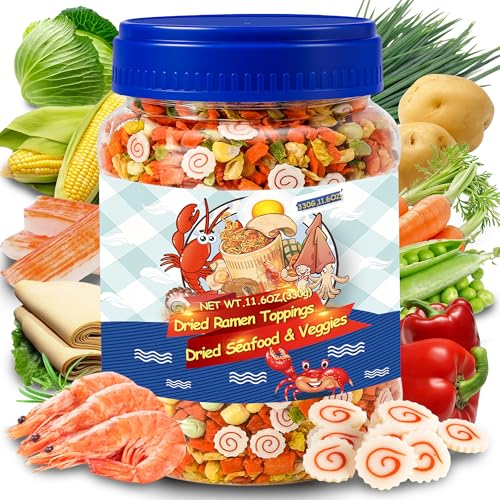 11.6oz Dried Ramen Toppings – 11 Mixed Dehydrated Seafood & Vegetables with Shrimp, Crab & Fishcake, Freeze-Dried Veggies for Soups, Salads, Pizza & Camping Meals