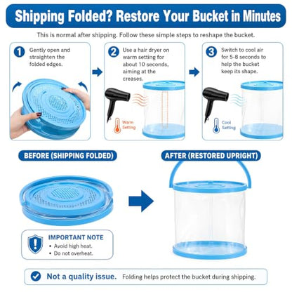2 Pack Foldable Small Aquarium, Plastic Portable Fish Tank with Lid, Clear Fish Transport Container Fishing Bucket for Catch Release, Beach Travel, Lake, Outdoor, Blue