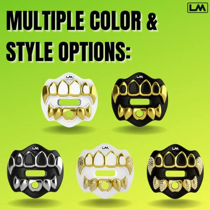 Loudmouth Football Mouth Guard for Youth & Adult - 3D Chrome Grillz Gold Teeth Mouthpiece with Strap, No-Boil Braces-Friendly Sports Mouthguard (Chrome Black/Gold) - color: 3d Grillz Bling - Chrome Black/Gold