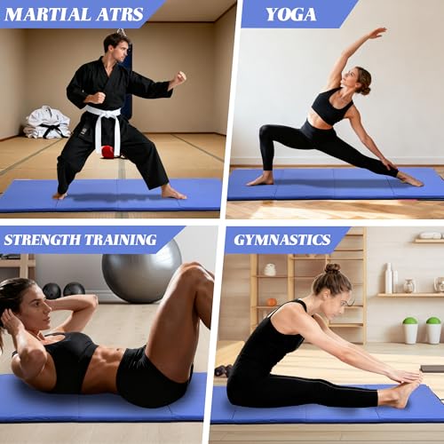 4'x10'x2" 4-Panel Folding Gymnastics Mat, 2-Inch Thick PU Leather Tumbling Mat with Carrying Handles for Exercise, Yoga, Cheerleading, Martial Arts & Home Workouts - color: Blue