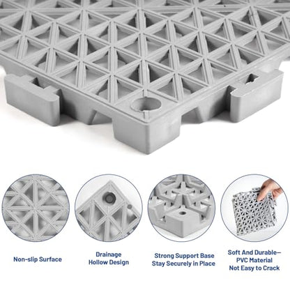 12PCS Drainage Interlocking Floor Tiles 11.8" x 11.8", Modular Interlocking Cushion Soft PVC Floor Non-Slip Splicing Waterproof Mat for Pool, Shower, Patio, Balcony, Bathroom, Kitchen, Yard（Grey）