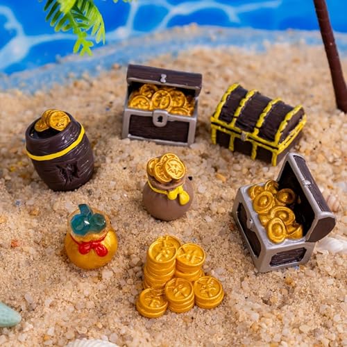 6 Pcs Pirate Treasure Mini Figurines, Resin Ornaments for Fish Tank, Terrarium, Fairy Garden, Party Decor, DIY Crafts