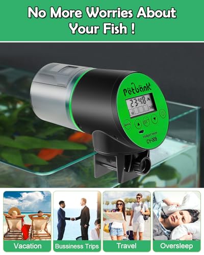 Automatic Fish Feeder for Aquariums - Rechargeable Auto Fish Food Dispenser Timer Feeder with USB Charger Cable，LCD Screen, Customized Schedule - color: Green