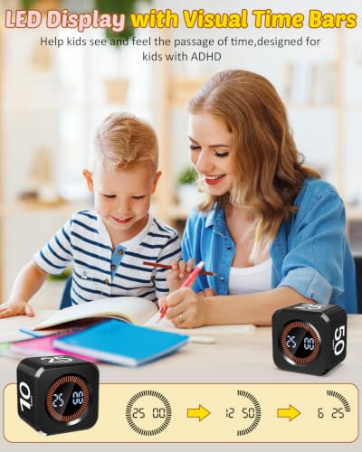 Digital Pomodoro Timer Cube 5/10/25/50min Preset, Silent & Sound Alarm - color: Black
