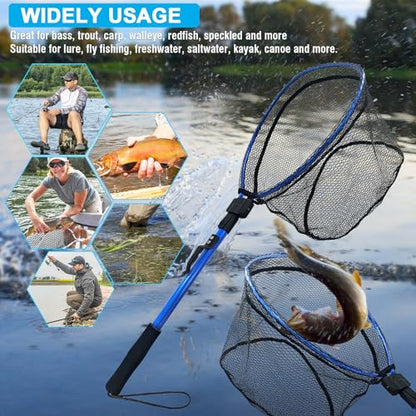 LBW Collapsible Fishing Net with Handle, Folding Kayak Net for Freshwater or Saltwater, Trout Catfish Bass Compact Rubber Landing Net - color: No Telescopic Pole