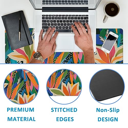Colorful Tropical Floral Large Gaming Mouse Pad,Waterproof Desk Mat for Desktop,Non-Slip Rubber Base Mousepad with Stitched Edges for Laptop Office and Home 35.4X15.7 Inch