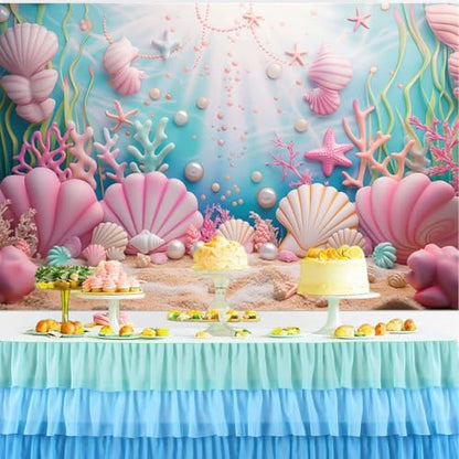 Fabric 12x8ft Mermaid Under The Sea Photography Backdrop Blush Pink Pearl Shell Coral Underwater Sunlight Background Mermaid Theme Birthday Baby Shower Party Decoration Photo Banner Props - size: 12x8ft(WxH)