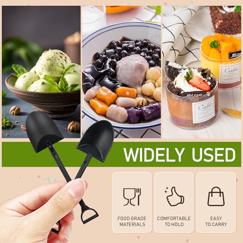 100PCS Mini Shovel Spoons for Desserts, Individual Packing Mini Shovel Spoons, Black Plastic Shovel Shaped Spoon for Party or Family