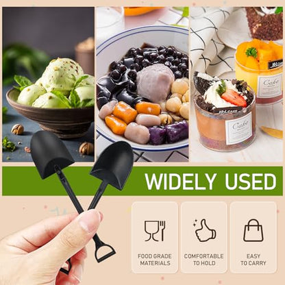 100PCS Mini Shovel Spoons for Desserts, Individual Packing Mini Shovel Spoons, Black Plastic Shovel Shaped Spoon for Party or Family