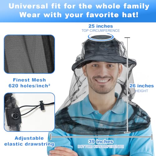 Premium Mosquito Head Net for Insect, 2 Pack, Fly & Bug Protection | Ultra Large & Long, Extra Fine Holes for Camping, Hiking, Fishing, Gardening, Safari, Fits All Hats for Men & Women