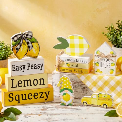 11 Pcs Lemon Table Decorations Set Lemon Tiered Tray Decor Summer Wooden Top Farmhouse Rustic Wooden Coffee Table Centerpieces for Home Kitchen Office Decorations - style: Lemon
