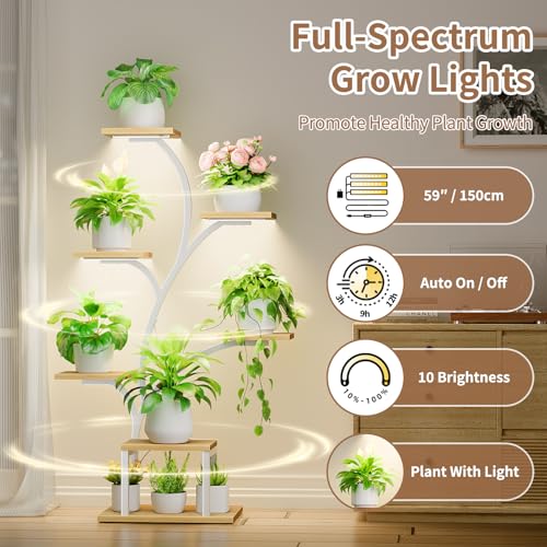 BACEKOLL Plant Stand Indoor with Grow Lights, 7 Tiered Indoor Plant Shelf, 49" Corner Plant Stands for Indoor Plants, Metal Plant Flower Display Shelf, Tree-Shaped Plant Rack for Home, Patio, Natural