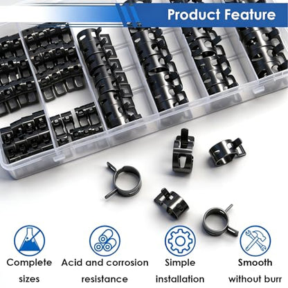Spring Hose Clamp Assortment kit 7-18mm 8-sizes Constant Tension Hose Clamp used for Fuel Line，Vacuum Hose，Air Hose Spring Band Hose Clamp Kit - size: 7-18mm 80Pcs
