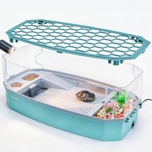 Large Turtle Tank Aquarium Kit with Basking Platform 3-Stage Filter Heating Lamp Anti-Escape Lid Complete Habitat for Aquatic Box Turtles (Green, 25.4×12.2×9.5 Inch)