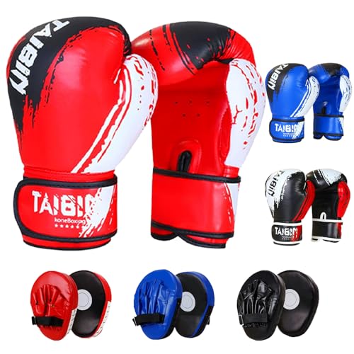2-in-1 Boxing Gloves and Punching Mitts Set for Kids Youth,6 oz Kids Boxing Gloves and Boxing Pads,Boxing Training Equipment for Punching Bag,Kickboxing,Gift for Boys and Girls - color: Red
