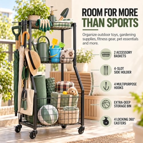 YueTong Rolling Sports Equipment Organizer with Locking Wheels and Ball Rack - color: Black – Locking Wheels