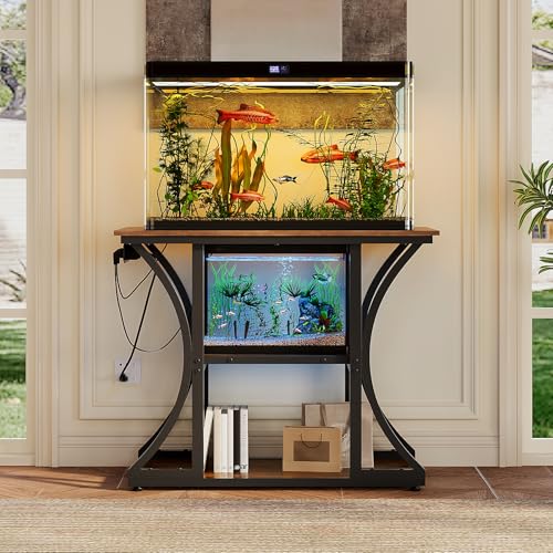 50 Gallon Aquarium Stand with Power Outlets Fish Tank Stand with 3-Tier Storage Shelves Display Stand for Turtle Tank Shelves Metal Frame Stand for Living Room Office Entryway,Brown