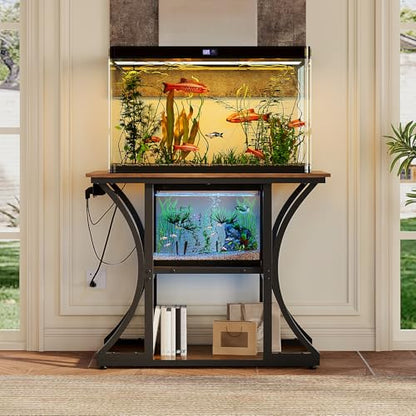 50 Gallon Aquarium Stand with Power Outlets Fish Tank Stand with 3-Tier Storage Shelves Display Stand for Turtle Tank Shelves Metal Frame Stand for Living Room Office Entryway,Brown
