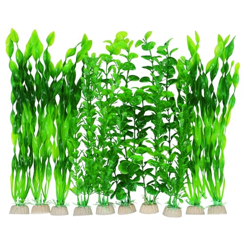 AQUANEAT Artificial Fish Tank Plants, Green Plastic Aquarium Accessories, Multi Shape Fake Decorations, 10packs - color: Green