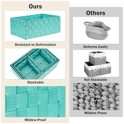 Woven Storage Baskets, Storage Bins, Cube Basket Container Baskets Storage Boxes Organizers for Clothes/Shelves/Closet, Set of 6 (Aqua)
