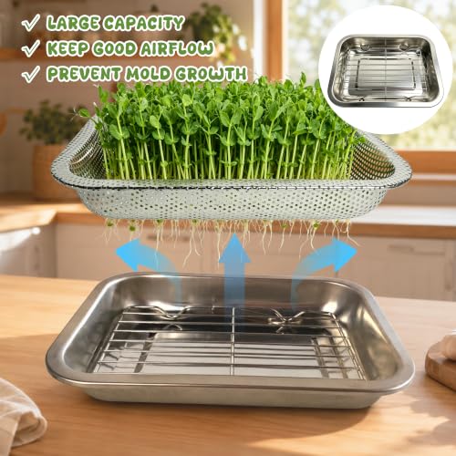 2 Pack Stainless Steel Seed Sprouter Trays, 2-Tier Soil-Free Microgreens Growing Kit, Rust-Free Sprouting Tray with Mesh Pads for Sprouts Beans Alfalfa Wheatgrass (10.6" x 7.9" x 1.9")