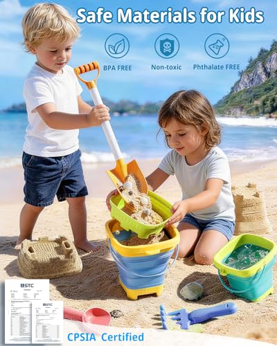 Beach Toys Set, 3 Collapsible Buckets, Detachable Large Pointed Sand Shovel, Flat Shovel, Rake, Scoop, Mesh Bag, Toddler Sandcastle Kit, Travel, Beach Party, Outdoor Summer Fun