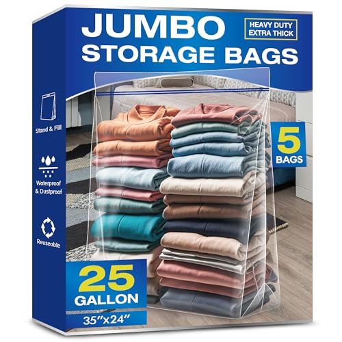 25 Gallon Jumbo Storage Bags, 3.5 Mil Thick Clear Plastic Zipper Bags with Handles, 35" x 24" Extra Large XL Heavy Duty for Home, Travel, and Moving (5 Packs) - size: 5 Jumbo